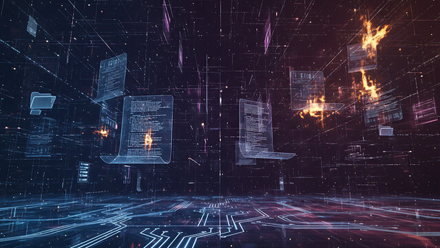 Luminous digital document files levitating within a vibrant cyberspace network illuminated by neon blue and orange light glows representing advanced information technology and cloud data management.