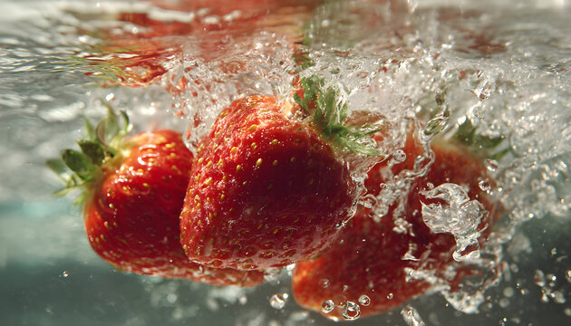 Super slow motion 1000fps video of whole fresh strawberries falling into rippling water, creating a sparkling splash, perfect for drink, cocktail and summer visuals.