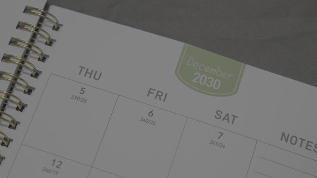 December 2030 planner page close up for monthly scheduling concept with calendar layout and future organization