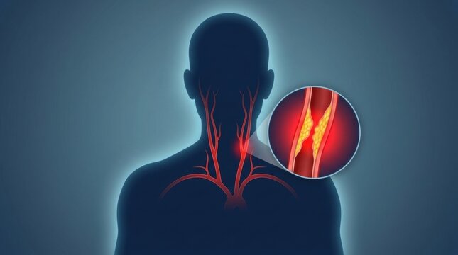 Illustration of carotid artery atherosclerosis and plaque buildup in the neck