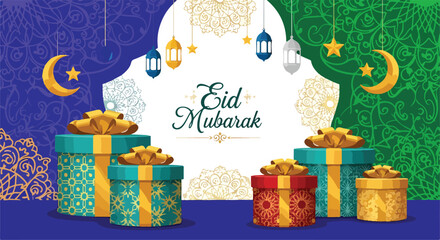 Colorful eid mubarak celebration with gifts © Yadaza