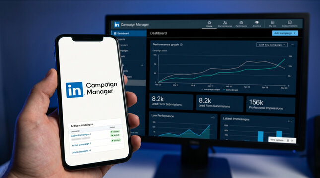 LinkedIn Campaign Manager Dashboard on Smartphone and Monitor Displaying Digital Marketing Advertising Analytics Performance Data Social Media Ads