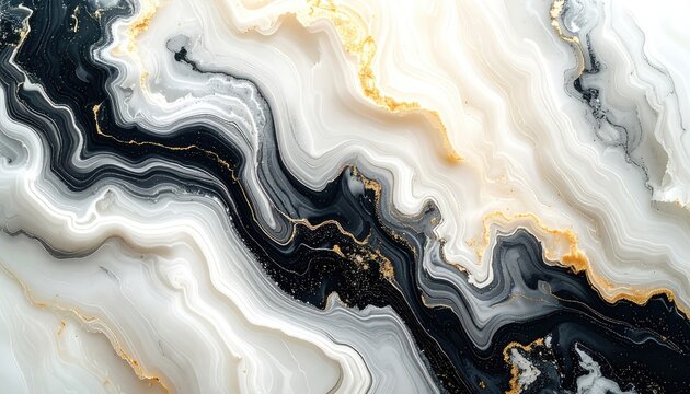 A macro shot of an abstract swirling pattern of black, white, and gold.