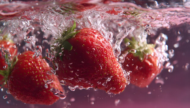 Super slow motion 1000fps video of whole fresh strawberries falling into rippling water, creating a sparkling splash, perfect for drink, cocktail and summer visuals.