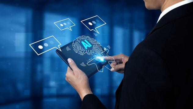 Business professional using tablet with AI concept, digital communication, chat bubbles, technology implementation in modern business environment Quark.