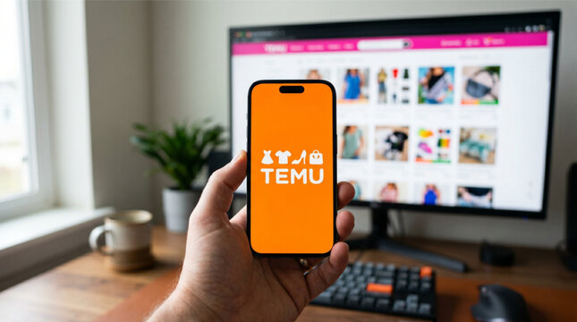 Person holding smartphone with Temu online shopping app logo on screen in front of computer monitor displaying e-commerce marketplace platform.