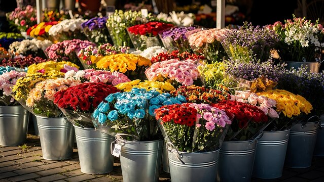 Colorful flower market display featuring fresh floral bouquets arranged for retail sales and seasonal celebrations