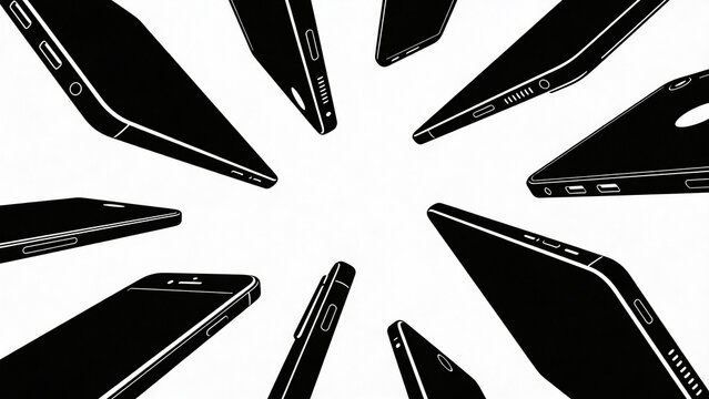 Abstract black and white illustration of smartphones radiating outward