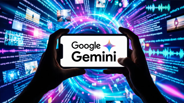 Google Gemini Artificial Intelligence AI App on Smartphone Screen Held by Hands with Futuristic Digital Data Background and Audio Waveform Visuals