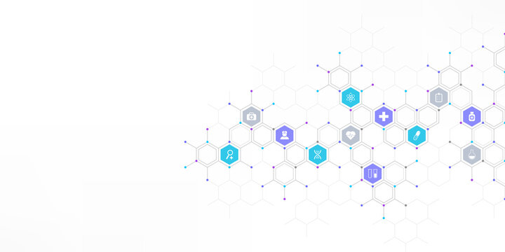 Medical background and healthcare technology with flat icons and symbols. Concept and idea for health care business, innovation medicine, health safety, science, medical research, and development.