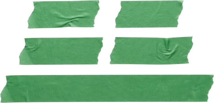Five torn strips of green masking tape are arranged in different sizes showing subtle textures and creases 170 characters green tape torn tape adhesive tape sticky tape art supplies