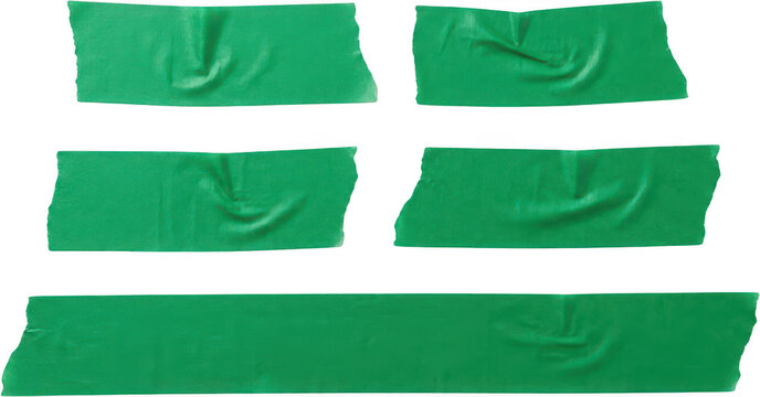 Five torn strips of vibrant green adhesive tape are arranged in a pattern showing texture and wrinkles on their surfaces green tape masking tape torn tape sticky tape tape strips