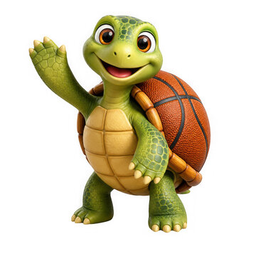 Cute cartoon turtle with basketball shell pattern waving as isolated on transparent background