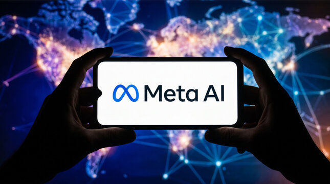 Person holding smartphone displaying Meta AI logo against a background of global network connection lines for artificial intelligence innovation.
