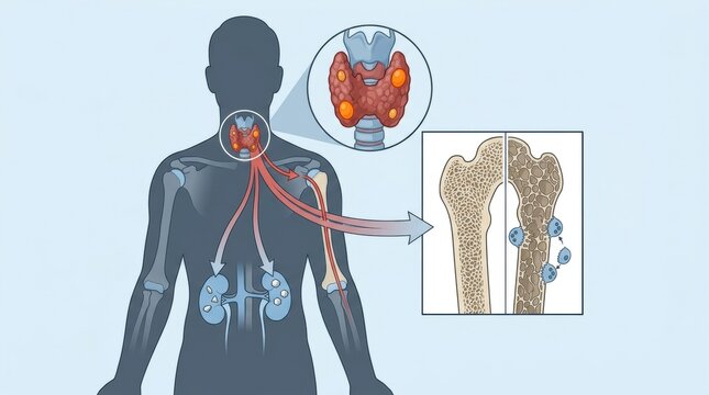 Illustration showing the effects of hyperparathyroidism on the human body and bones