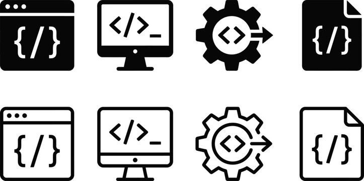 code programming icon set with minimalist curly braces and bracket symbols for developers