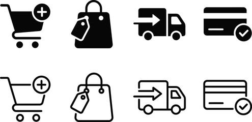 shopping cart icons set with bag, plus, truck, card, and check minimalist design © Sumaya