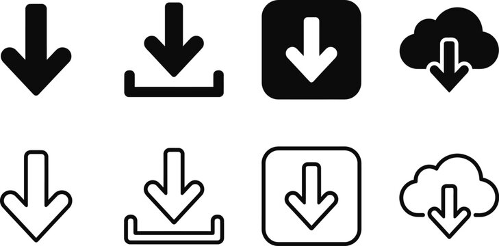 download icon set with minimalist arrows pointing down in black and white squares