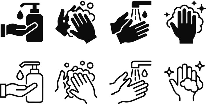 hand wash icon minimalist set with soap dispenser, water drops, and clean bubbles
