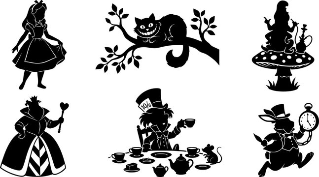 Alice in Wonderland Silhouette Vector Set - Fairytale Characters Queen of Hearts Cheshire Cat Mad Hatter Tea Party and White Rabbit Logo Design Template