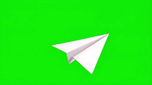 Flight paper plane following to curve path on green screen. 3d animation for game, business concept art.