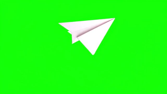 Flight paper plane following to curve path on green screen. 3d animation for game, business concept art.