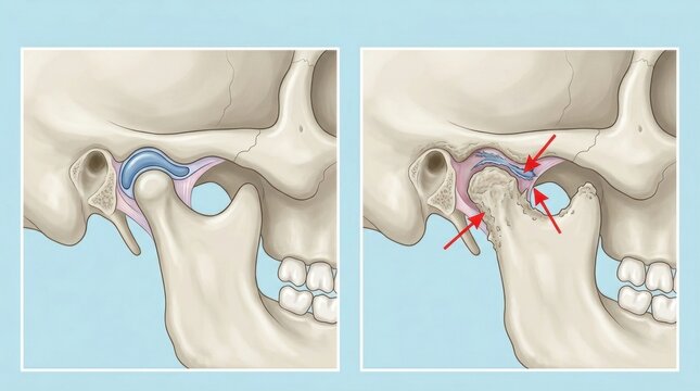 Temporomandibular joint anatomy comparison showing healthy vs. damaged TMJ