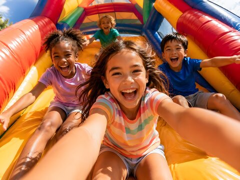 Happy children sliding inside colorful inflatable bounce house during outdoor summer play