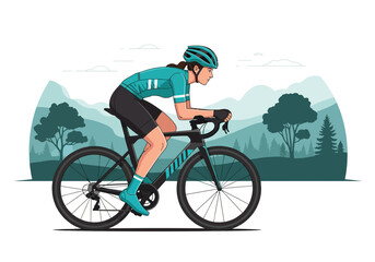 Fototapeta premium Determined female cyclist in turquoise racing gear rides bicycle through scenic mountain landscape