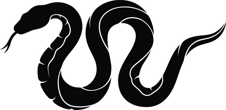 Black Snake Silhouette Vector Illustration with Curled Body and Forked Tongue for Tribal Tattoo Designs Logos Icons and Halloween Graphics