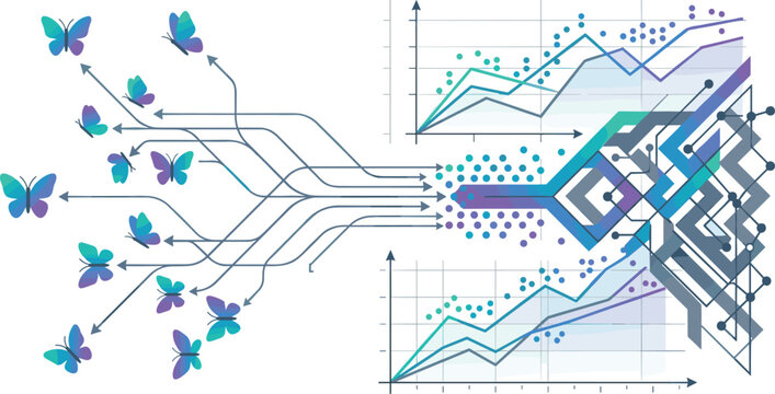 Butterfly Effect Concept Infographic with Chaotic Data Flow Transforming into Predictive Line Charts Algorithm Nodes and Complex Digital Processing Systems Vector Illustration