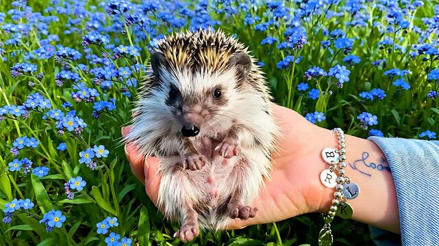 Cute African pygmy hedgehog held in hand over a blue flower field. Small pet hedgehog yawning outdoors in a garden of forget-me-nots. Wildlife and pet care concept for animal marketing.