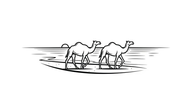 Two camels walking side by side.
