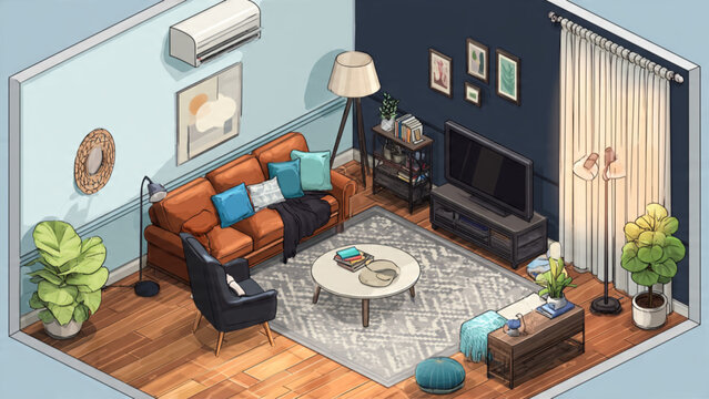 Cozy living room with orange sofa blue cushions coffee table and large TV setup in a bright home interior