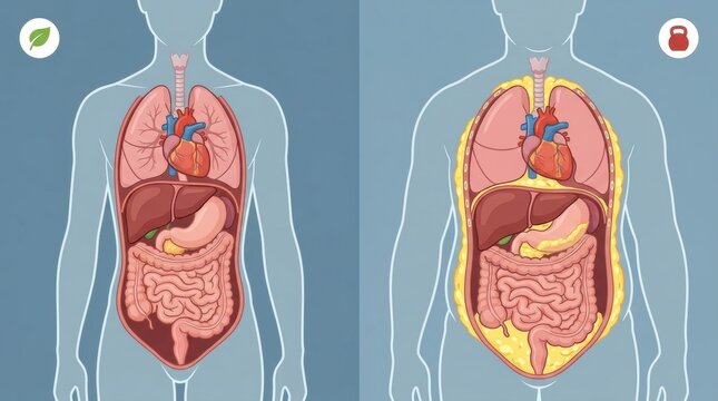 Comparison of human torso anatomy showing healthy versus overweight internal organs