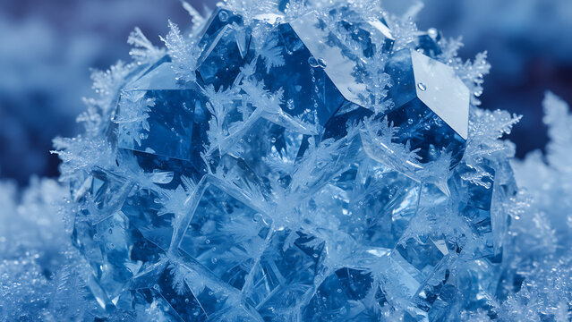 Crystalline macro photography of frozen ice facets reflecting a deep blue hue with sharp angular edges and intricate geometric patterns in a subzero winter environment capturing nature's texture.