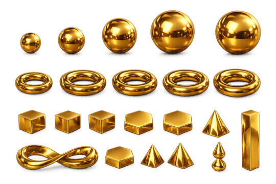 A comprehensive collection of various 3D geometric shapes and mathematical objects rendered with a glossy, reflective metallic gold finish. Arranged in rows against a clean white background, 