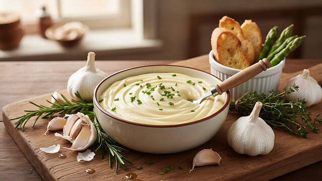 Gourmet creamy garlic aioli mayonnaise sauce in bowl with organic bulb, fresh green thyme and rosemary garnish, perfect condiment for appetizer, savory vegetable dip and culinary presentation.