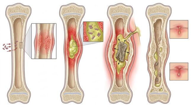 Diagram illustrating the progression of osteomyelitis infection within a long bone