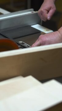 Highly Trained Woodworker Carefully Slices Layered Pine Planks To Precise Measurements In Workshop. Media