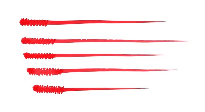 Collection of five vibrant red mascara wands creating a dynamic visual pattern against a clean white background