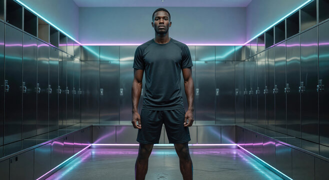 African american athlete standing in modern gym locker room. Strong sportsman preparing for intense training session. Concept of lifestyle and athletic performance in neon light environment.