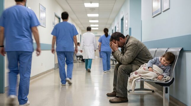 A devastated father sits on a hospital bench holding his head in despair while his young toddler sleeps beside him, as motion-blurred medical staff quickly walk down the busy hallway
