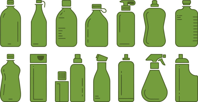 Sustainable Green Bottle Line Icons Set Eco Friendly Packaging and Recycling Concept Vector Graphics