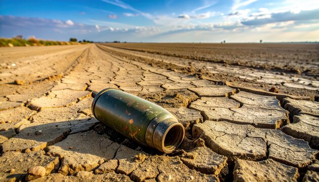 Unexploded Mortar Shell Halff-Buried in Cracked Earth of a Farmer's Field, a Stark Reminder of Conflict
