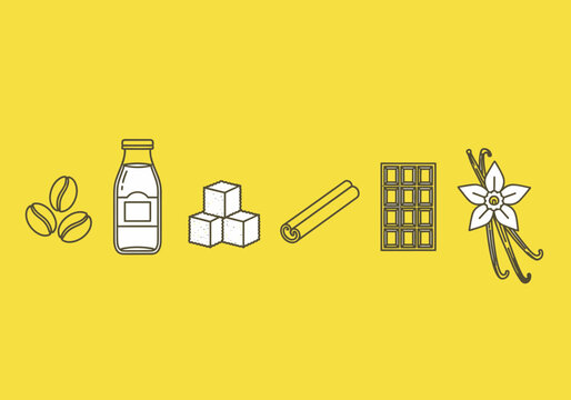 Assortment of Ingredients for Desserts and Drinks: Chocolate, Milk, Sugar, Cinnamon, and Vanilla