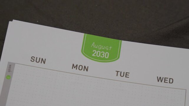 August 2030 planner page close up for monthly scheduling concept with calendar layout and time organization