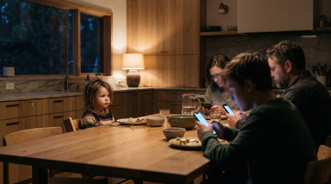 A lonely young child sits completely ignored at the family dining table, looking sad as parents and older sibling are entirely absorbed by their glowing smartphones in the background