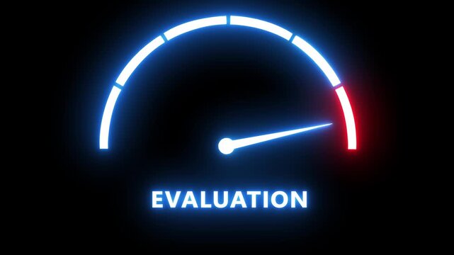 Neon evaluation gauge meter animation: performance review and progress tracking concept speedometer