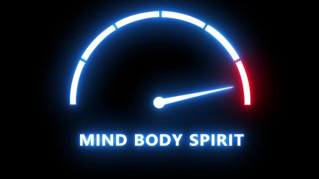 Mind body spirit neon gauge indicator rising to maximum level, concept of holistic wellness and peak performance